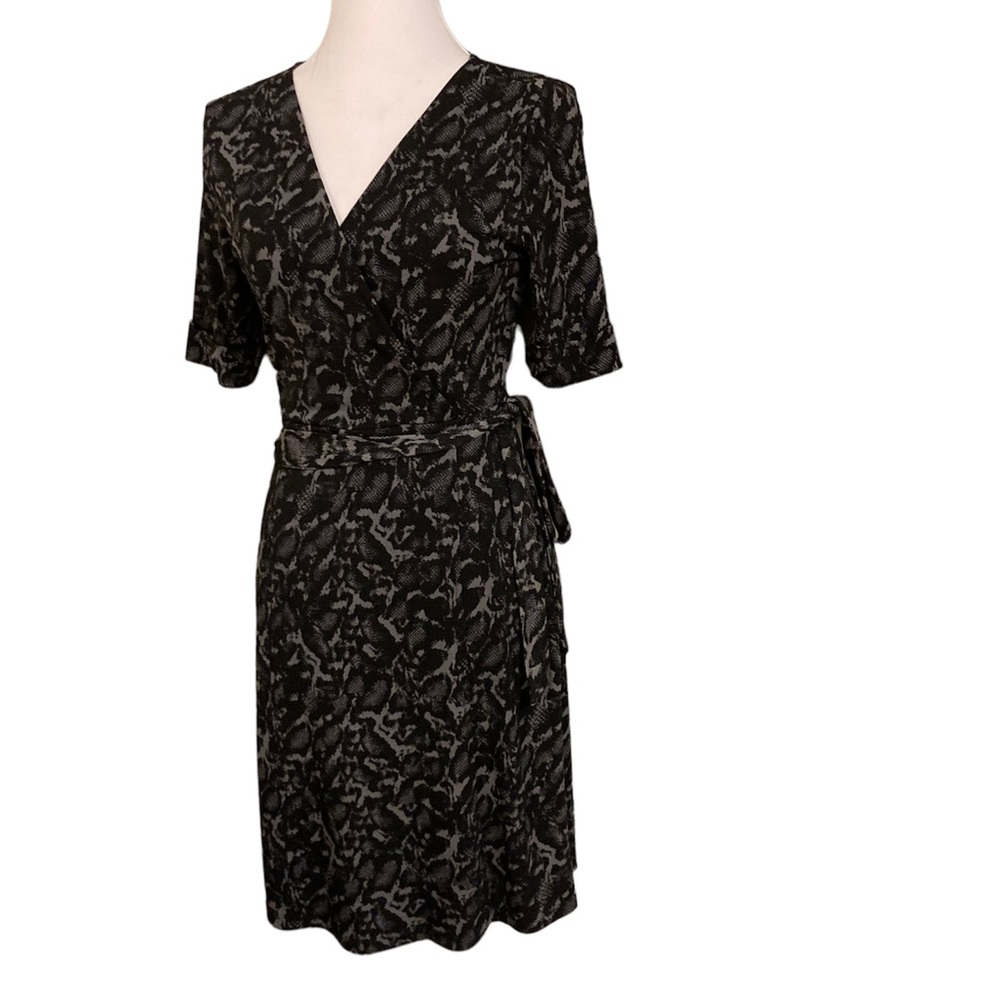Black & Grey Leopard Print Faux Wrap Dress